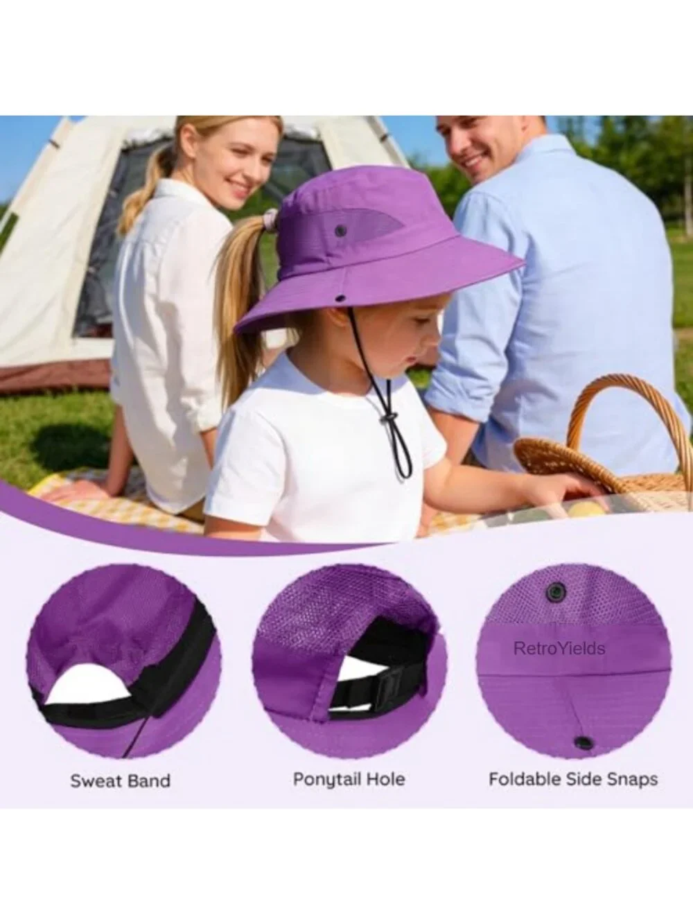 Girls Ponytail Sun Hat UPF 50+ Kids Beach Bucket Hat with Adjustable Chin Strap